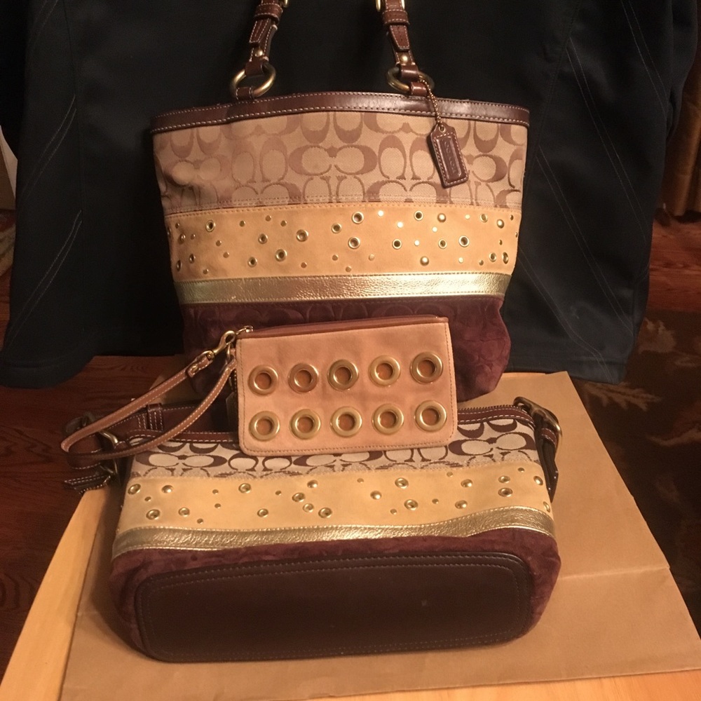 Coach Patchwork Suede Gold Grommet Tote+bag+wallet - Picture 5 of 8
